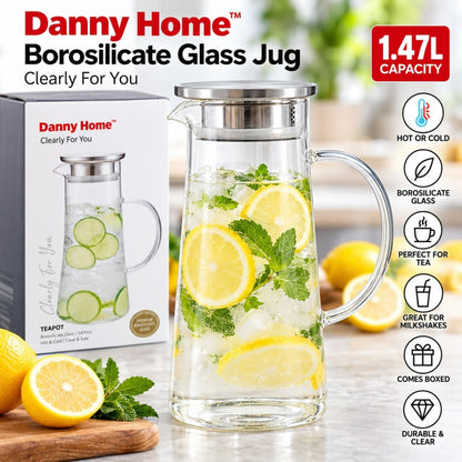 1.47L Danny Home Borosilicate Glass Jug – Hot & Cold Beverage Serving Jug – Clear Glass