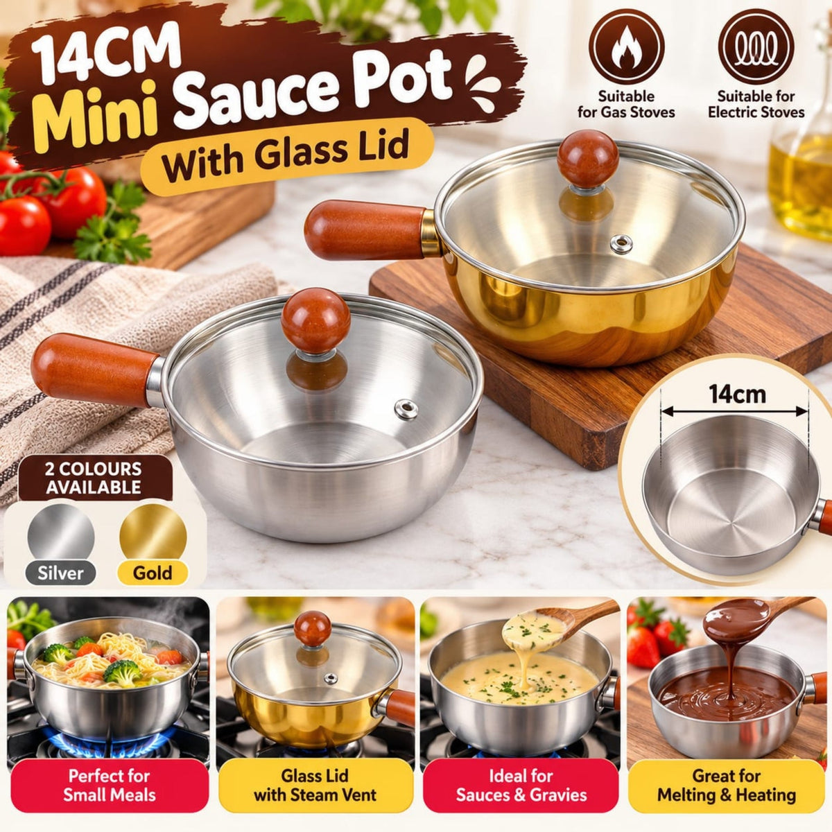 14cm Mini Sauce Pot with Glass Lid – Compact Every Day Kitchen Cooking Pot
