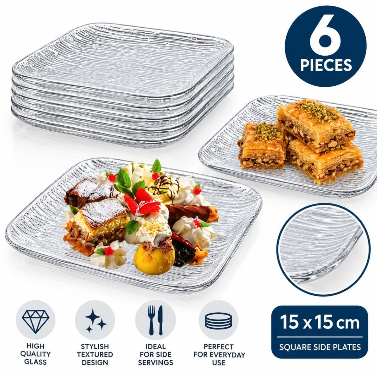 15cm 6 Piece Square Glass Side Plate Set – Textured Serving Plates for Snacks & Desserts