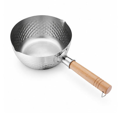 18cm Stainless Steel Milk/Soup Pot – Multipurpose Cooking Pot with Wooden Handle – Polished Steel Finish
