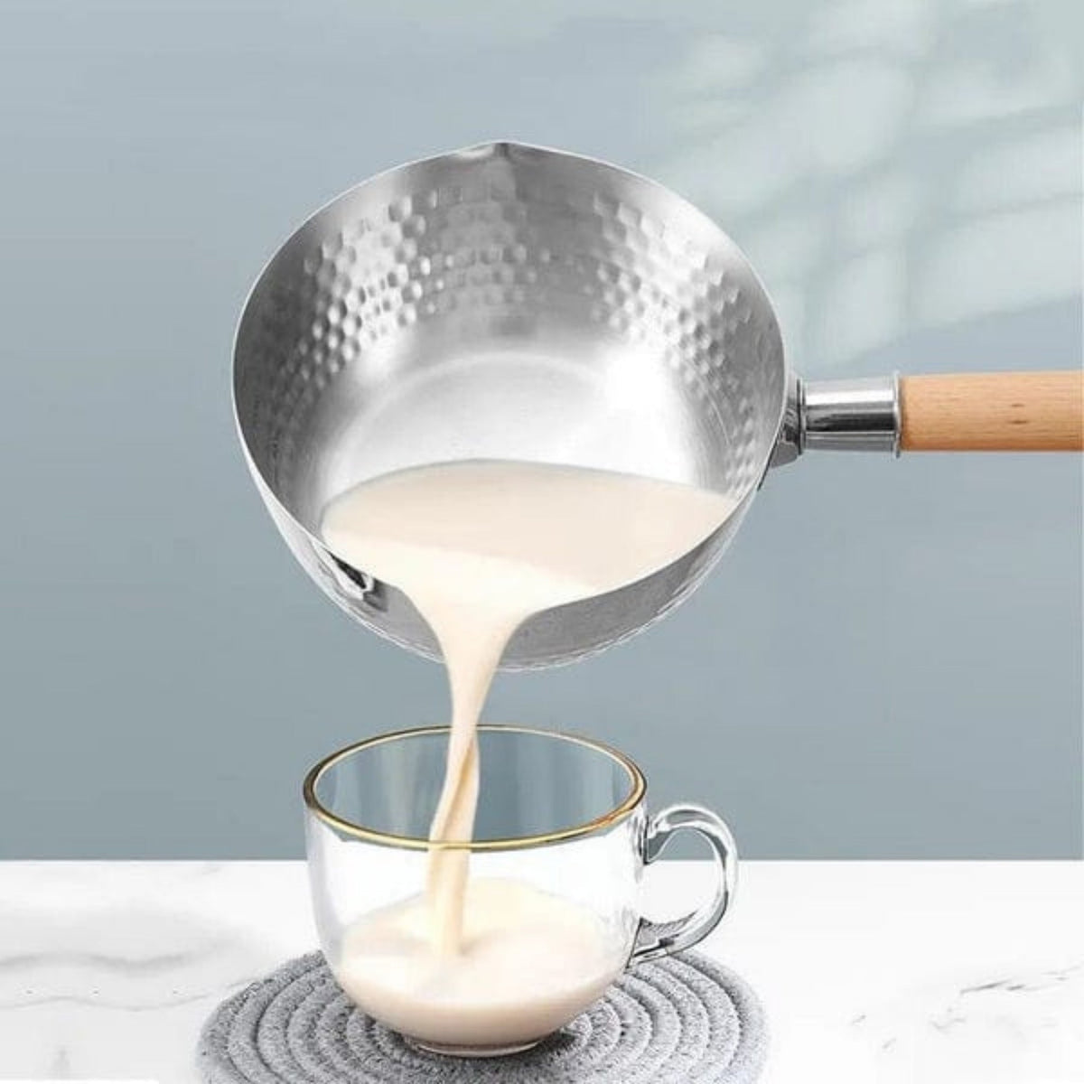 18cm Stainless Steel Milk/Soup Pot – Multipurpose Cooking Pot with Wooden Handle – Polished Steel Finish