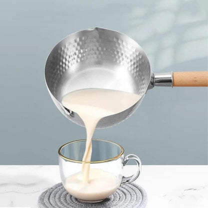 18cm Stainless Steel Milk/Soup Pot – Multipurpose Cooking Pot with Wooden Handle – Polished Steel Finish