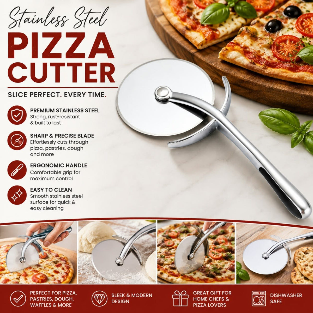 18cm Takmehome Stainless Steel Pizza Cutter – Rolling Pizza Wheel with Ergonomic Handle for Easy Slicing