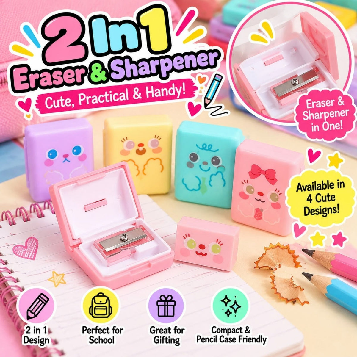 2 In 1 Notebook Sharpener & Eraser – Dual-Function Stationery Tool – Mini Notebook Design