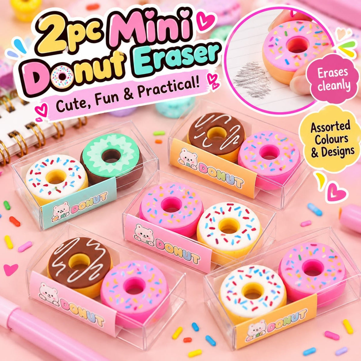 2 Piece Mini Donut Eraser Set – Cute Novelty Stationery Erasers – Donut Design