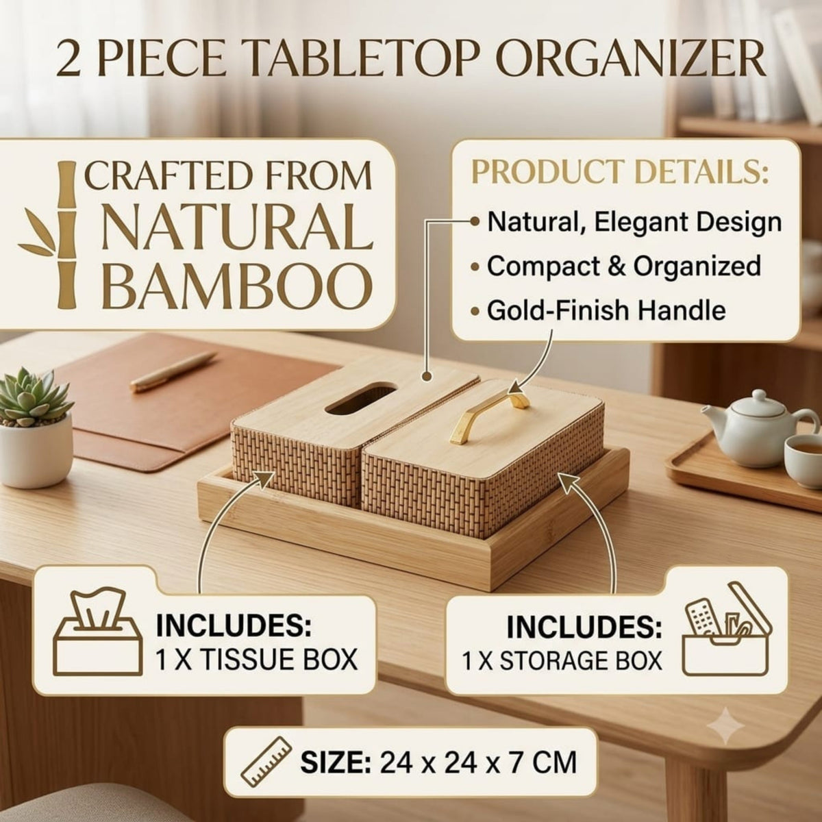 2 Piece Natural Bamboo Tabletop Organizer – Multi-Purpose Storage With Compact Design – Natural Bamboo Finish