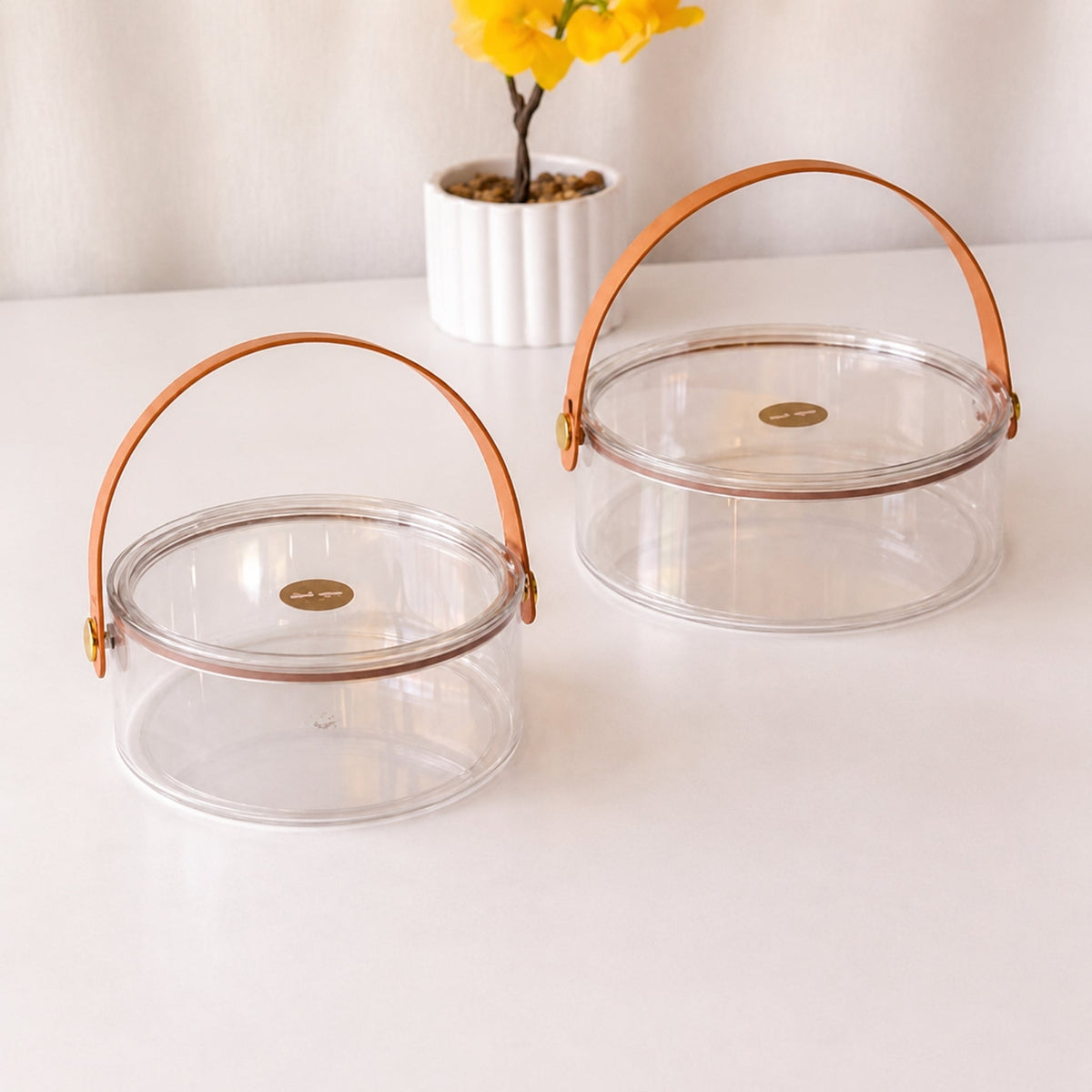 2 Piece Round Acrylic Storage Set – Clear Storage Containers with Lids & Carry Straps