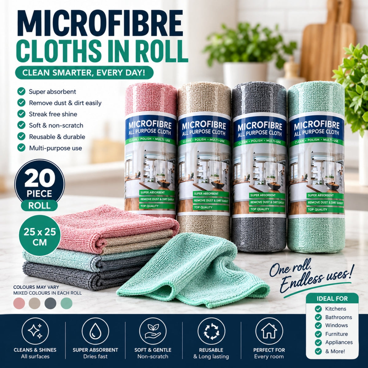 20 Piece Takmehome Microfibre Cloth Roll – Reusable Cleaning Cloths