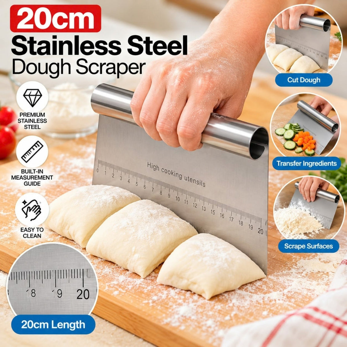 20cm Stainless Steel Dough Scraper – Baking & Pastry Cutter with Easy Grip Handle