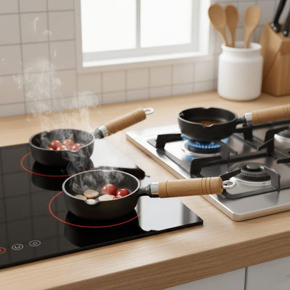 220ml Cast Iron Non-Stick Sauce Pan with Wooden Handle - Mini Milk & Butter Warmer - Black