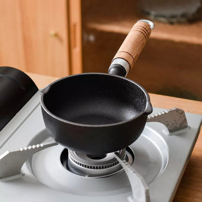 220ml Cast Iron Non-Stick Sauce Pan with Wooden Handle - Mini Milk & Butter Warmer - Black