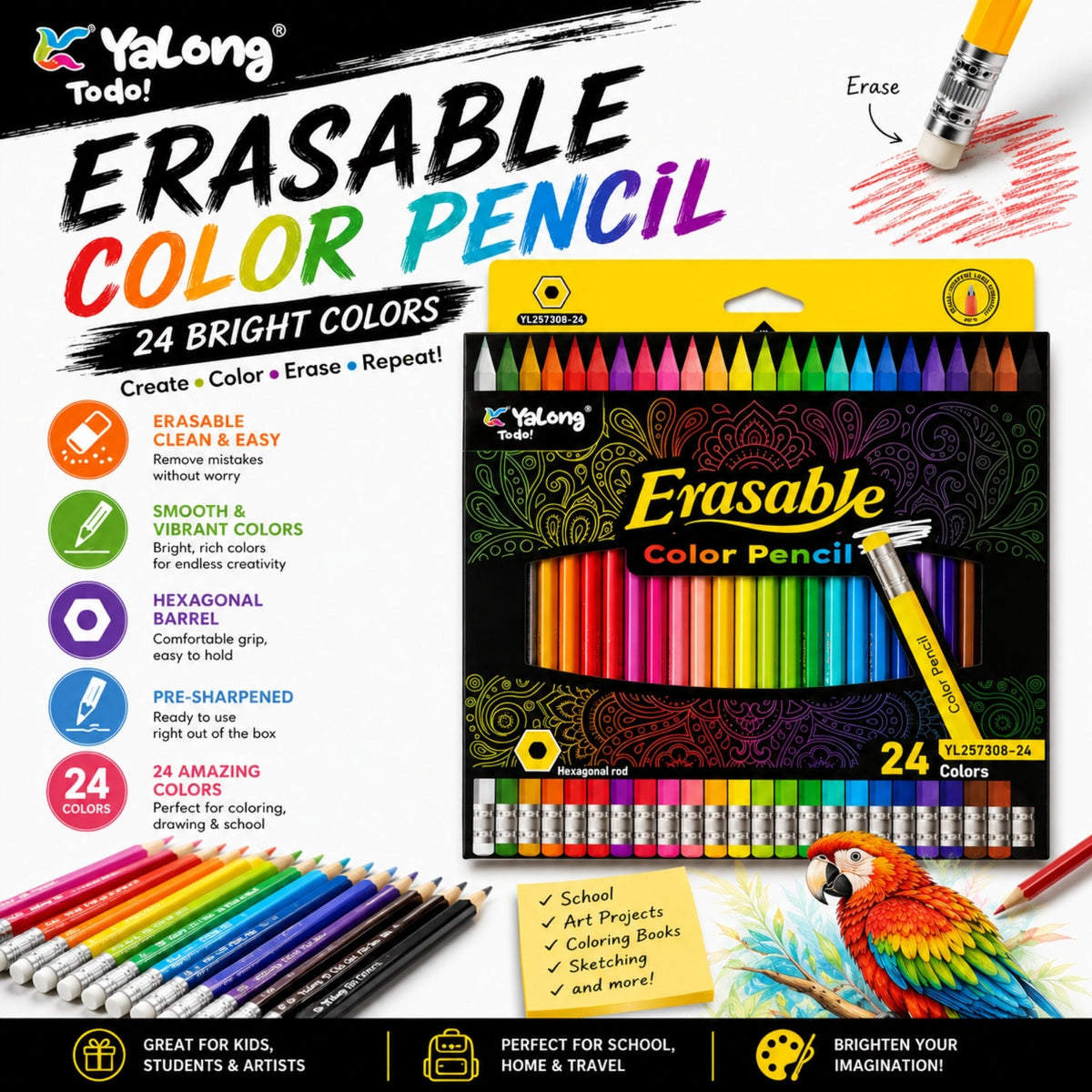 24 Piece Yalong Erasable Colour Pencils – Colouring Pencil Set with Eraser Tips