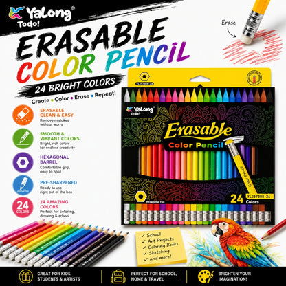 24 Piece Yalong Erasable Colour Pencils – Colouring Pencil Set with Eraser Tips