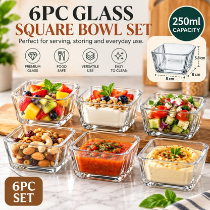 250ml 6 Piece Square Glass Bowl Set – Clear Serving Bowls for Snacks & Desserts