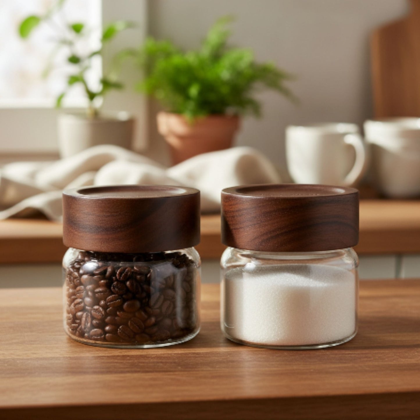 260ml Glass Storage Jar Set with Acacia Wood Lids – 2 Pack Pantry Containers