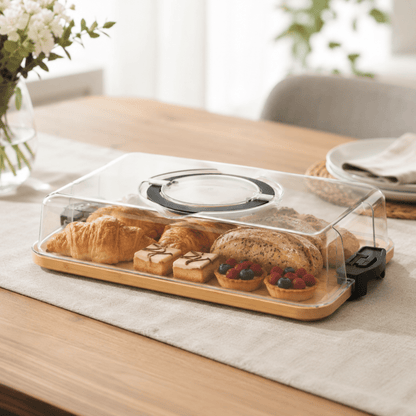 2pc Bamboo Serving & Snack Storage Essentials – Cake Dome & 5 Compartment Snack Box