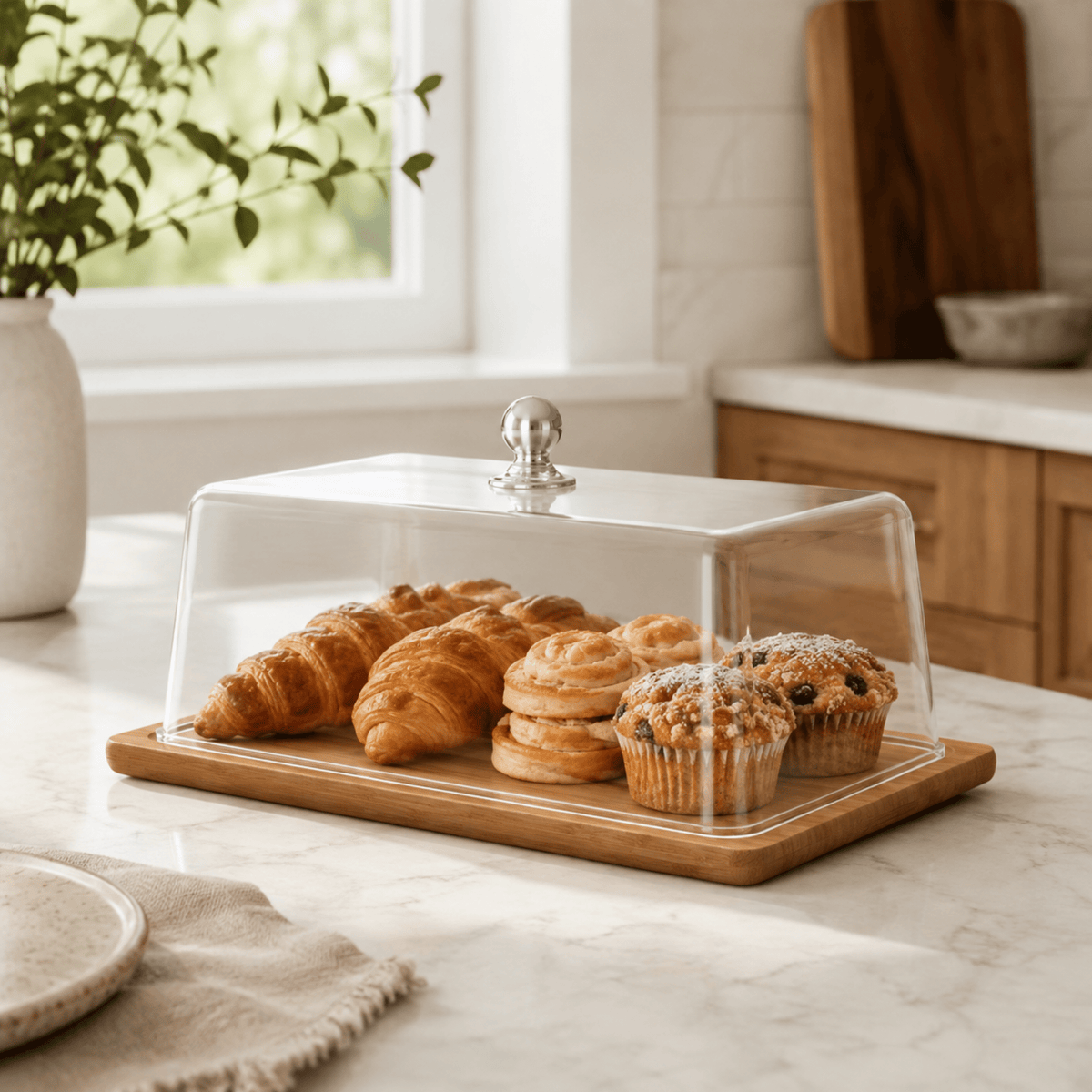 2pc Bamboo Serving & Snack Storage Essentials – Cake Dome & 5 Compartment Snack Box
