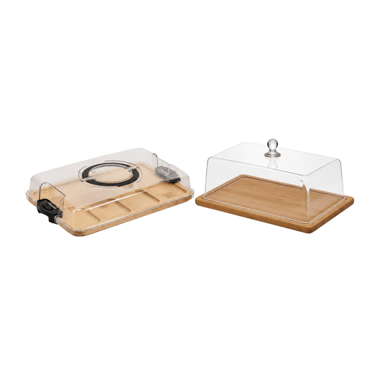 2pc Bamboo Serving & Snack Storage Essentials – Cake Dome & 5 Compartment Snack Box