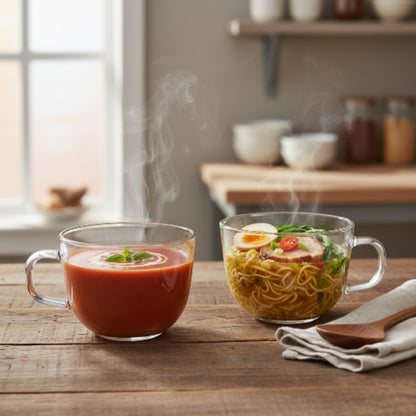 2pc Clear Glass Soup Mugs 450ml – Heat Resistant Handle Bowls for Soup, Noodles & Hot Drinks