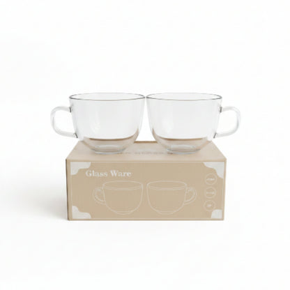 2pc Clear Glass Soup Mugs 450ml – Heat Resistant Handle Bowls for Soup, Noodles & Hot Drinks