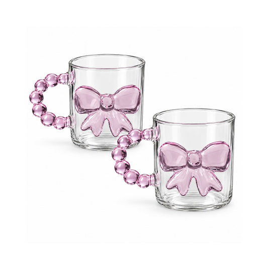 2pc Glass Mug Set – Decorative Bow Detail with Pearl-Style Handles