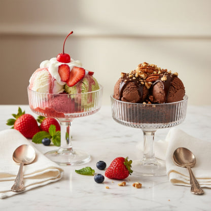 2pc Premium Ribbed Glass Ice Cream Sundae Cups – Dessert Serving Bowls