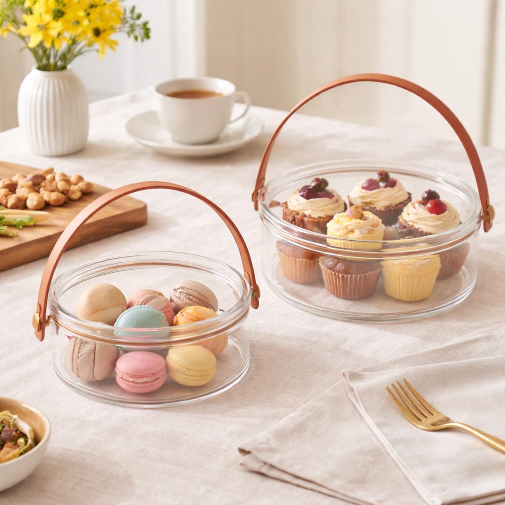 2pc Round Storage Box With Leather Handle