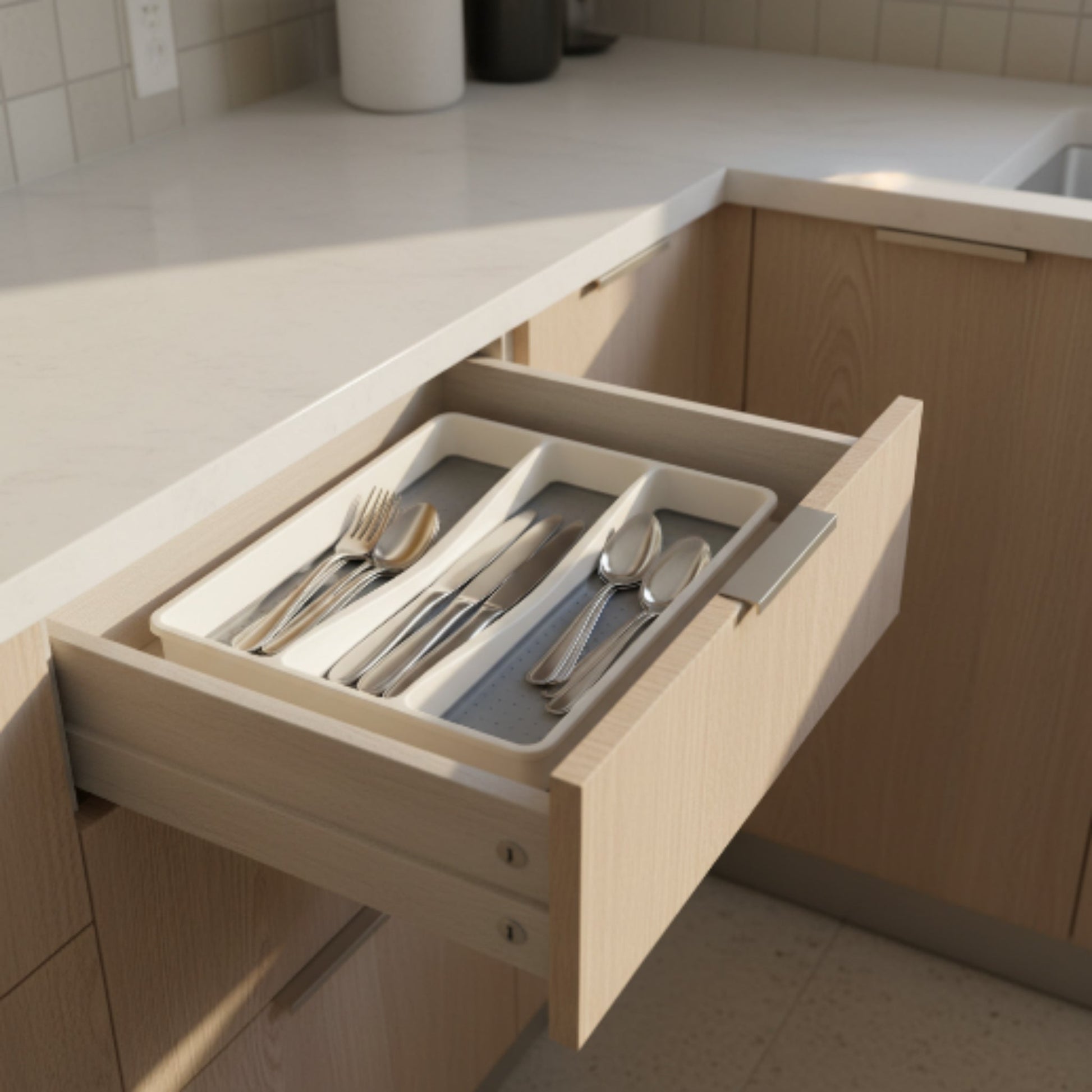 3-Compartment Cutlery Organizer Caddy – White & Grey Kitchen Utensil Holder and Countertop Storage