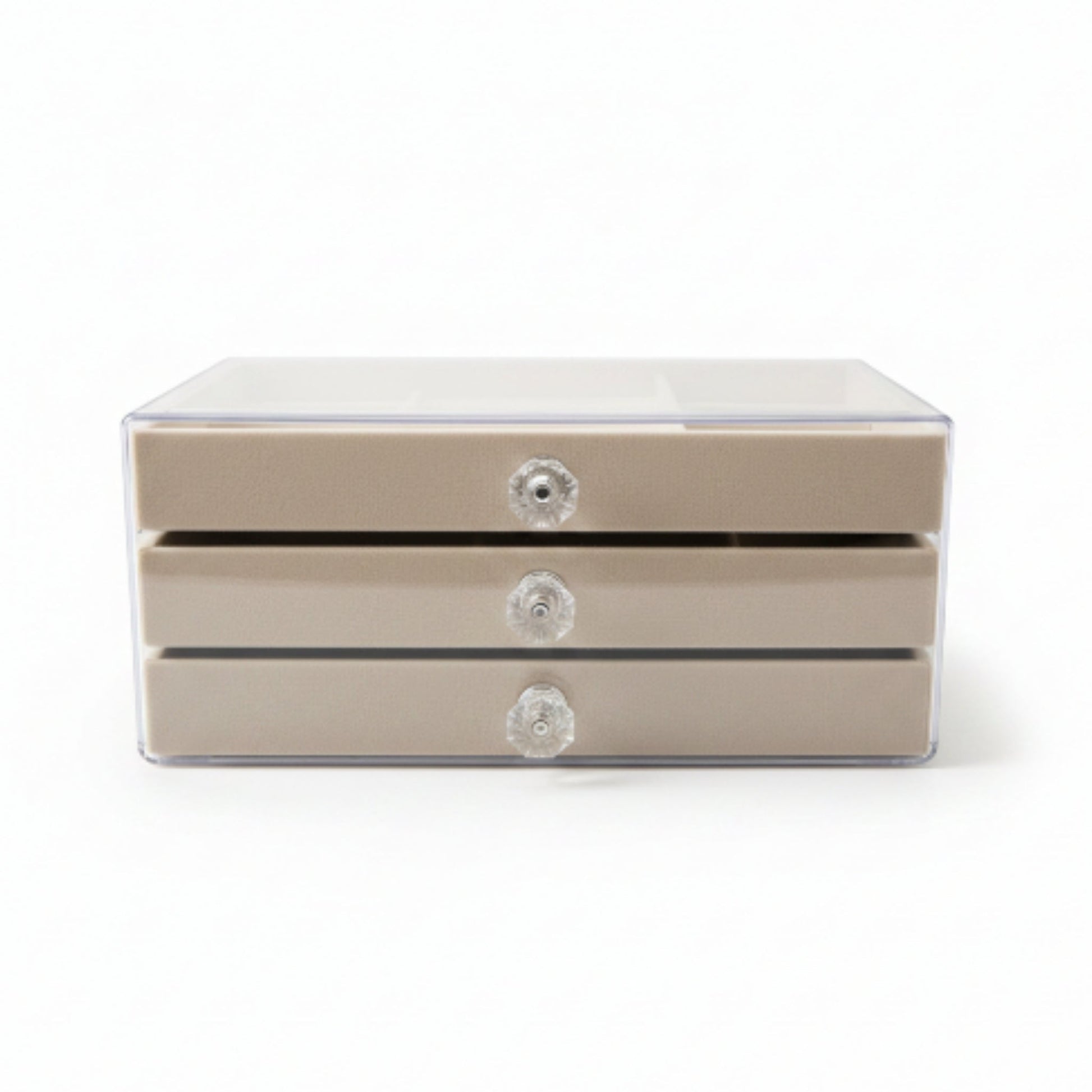 3 Drawer Beige Jewelry Box Organizer – Elegant Storage for Rings, Earrings & Accessories On White Background