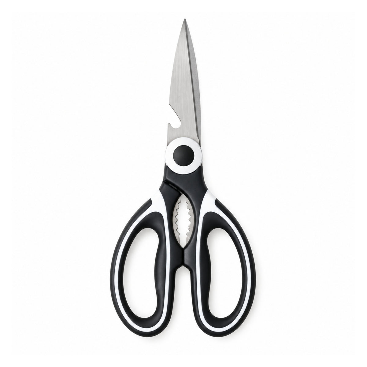 3 In 1 Stainless Steel Kitchen Scissors – Multi-Purpose Food Prep & Cutting Tool – Black On White Background
