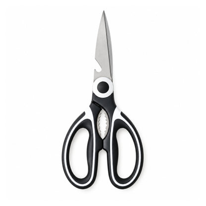 3 In 1 Stainless Steel Kitchen Scissors – Multi-Purpose Food Prep & Cutting Tool – Black On White Background
