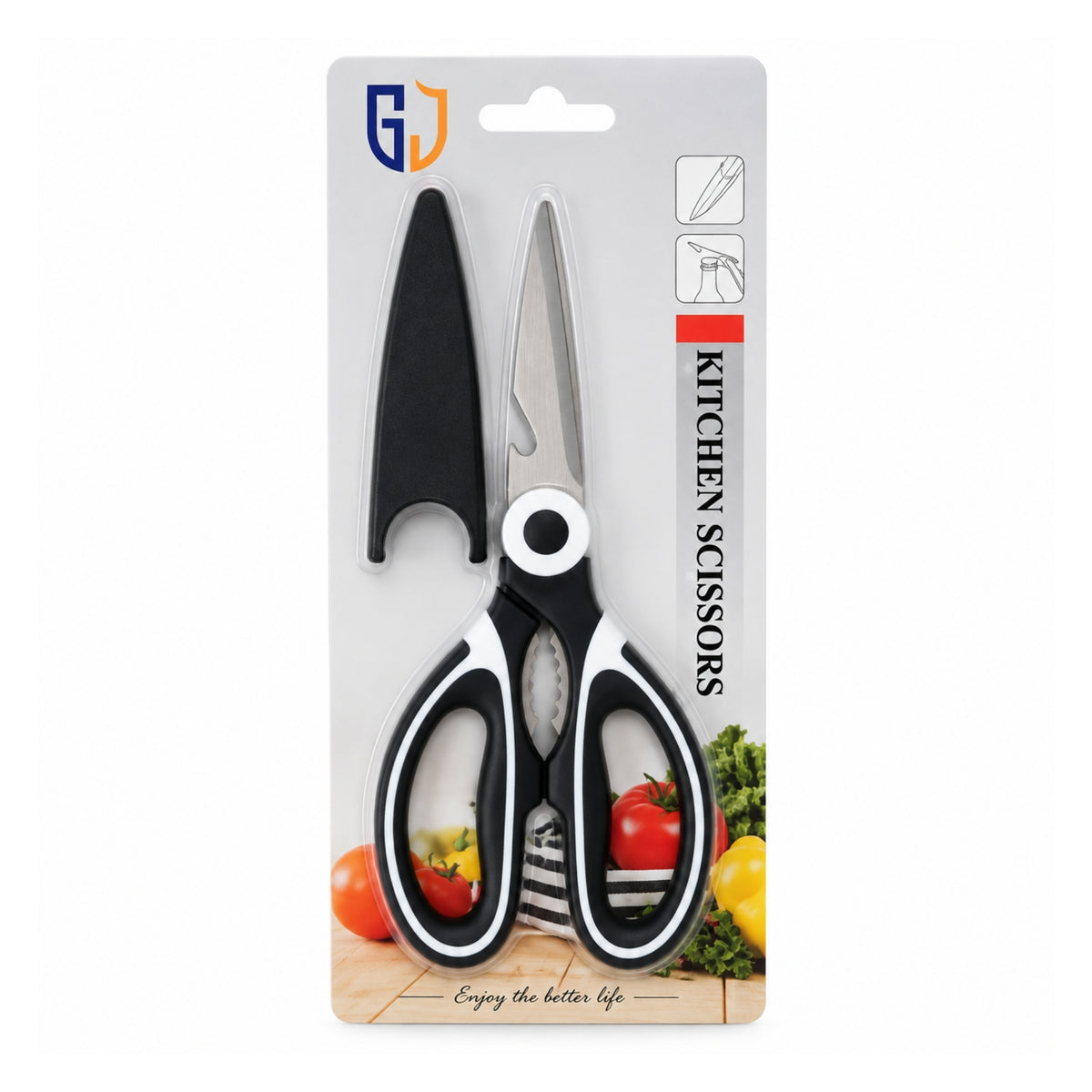 3 In 1 Stainless Steel Kitchen Scissors – Multi-Purpose Food Prep & Cutting Tool – Black On White Background