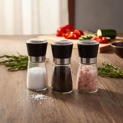 3 Piece 180ml Manual Glass Salt & Pepper Grinder Set