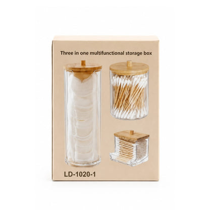 3pc Acrylic Cotton Bud Holder Set with Lids – Bathroom Vanity Organizer - Clear Box On White Background