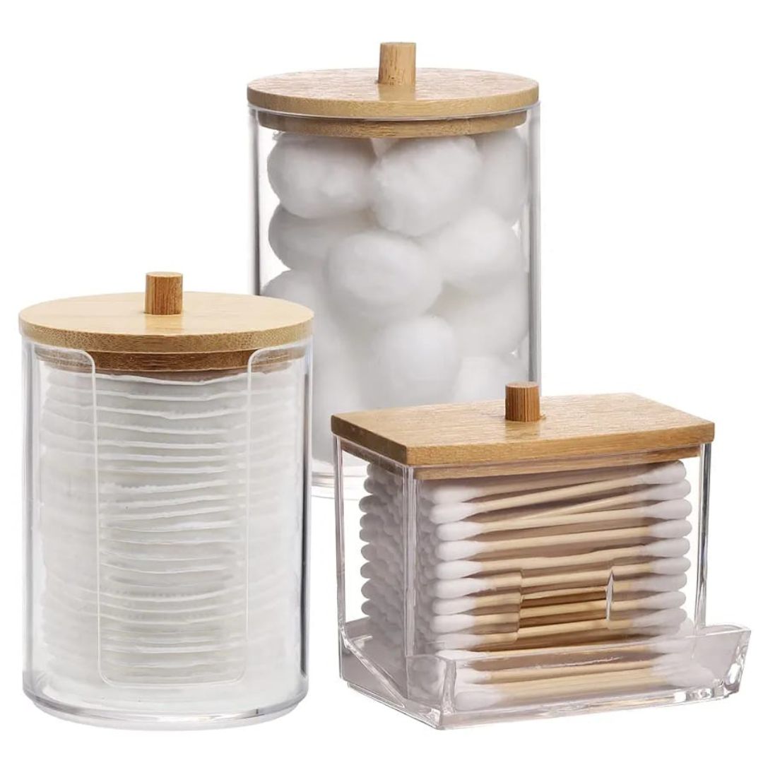 3pc Acrylic Cotton Bud Holder Set with Lids – Bathroom Vanity Organizer - Clear On White Background