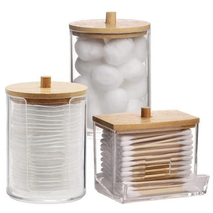3pc Acrylic Cotton Bud Holder Set with Lids – Bathroom Vanity Organizer - Clear On White Background