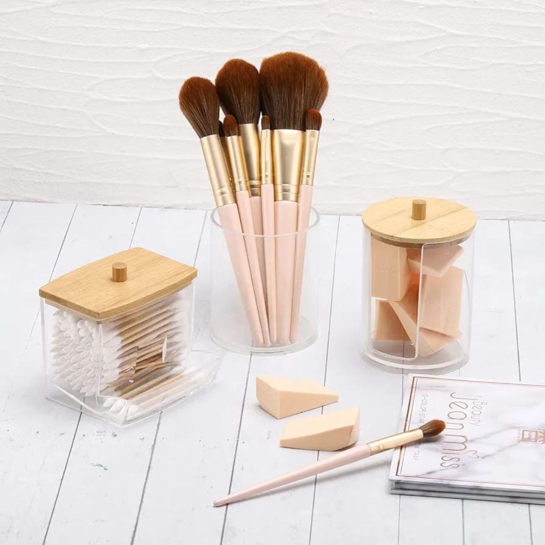 3pc Acrylic Cotton Bud Holder Set with Lids – Bathroom Vanity Organizer - Clear