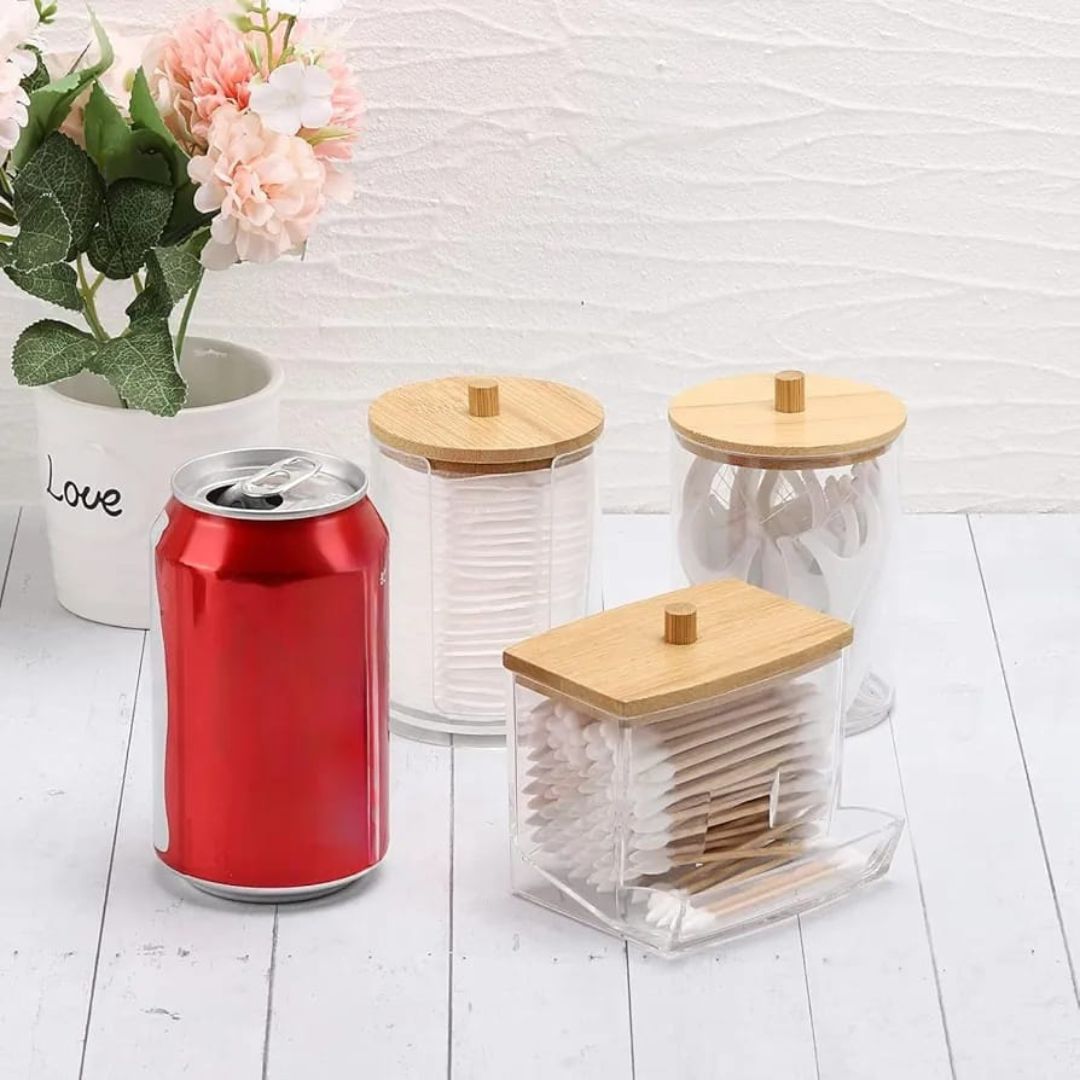 3pc Acrylic Cotton Bud Holder Set with Lids – Bathroom Vanity Organizer - Clear