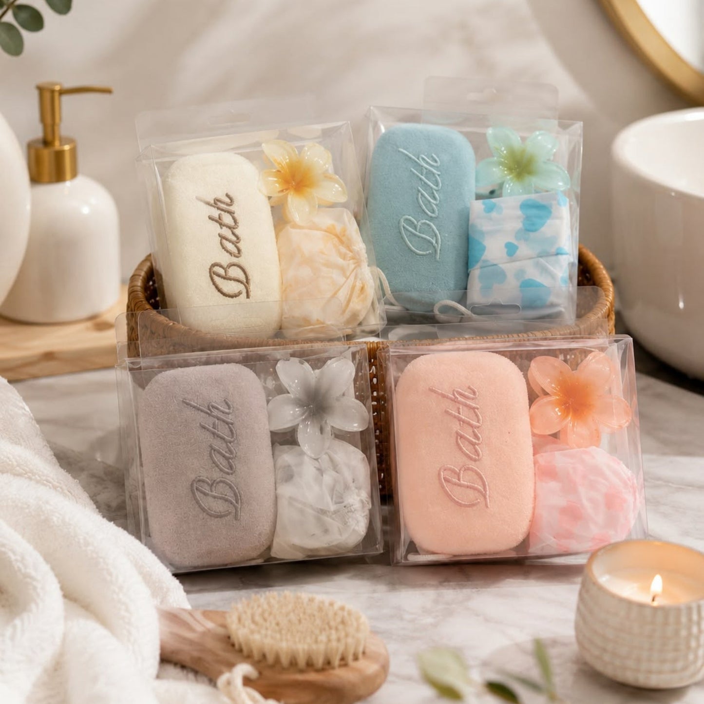 3 Piece Bath & Shower Set – Body Sponge, Shower Cap & Flower Hair Grip for Everyday Bathing, Showering & Personal Care