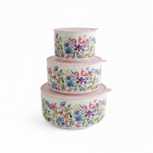 3-Piece Bloom Floral Ceramic Serving Bowl Set – Decorative Multi-Purpose Kitchen & Dining Bowls