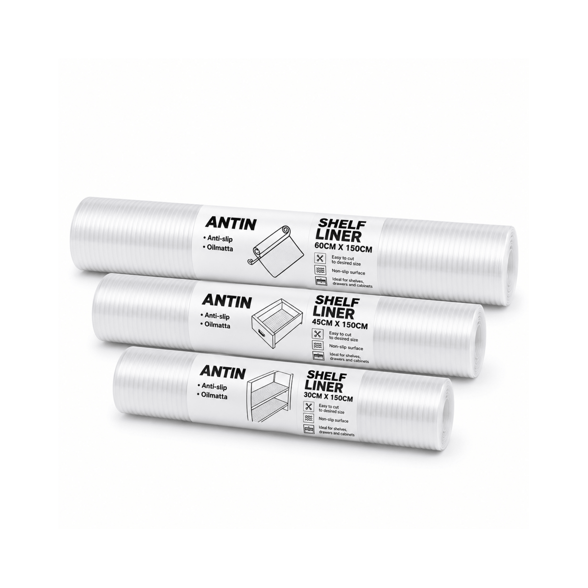 3 Piece Clear EVA Anti-Slip Shelf Liner Set – 30 × 150cm, 45 × 150cm & 60 × 150cm