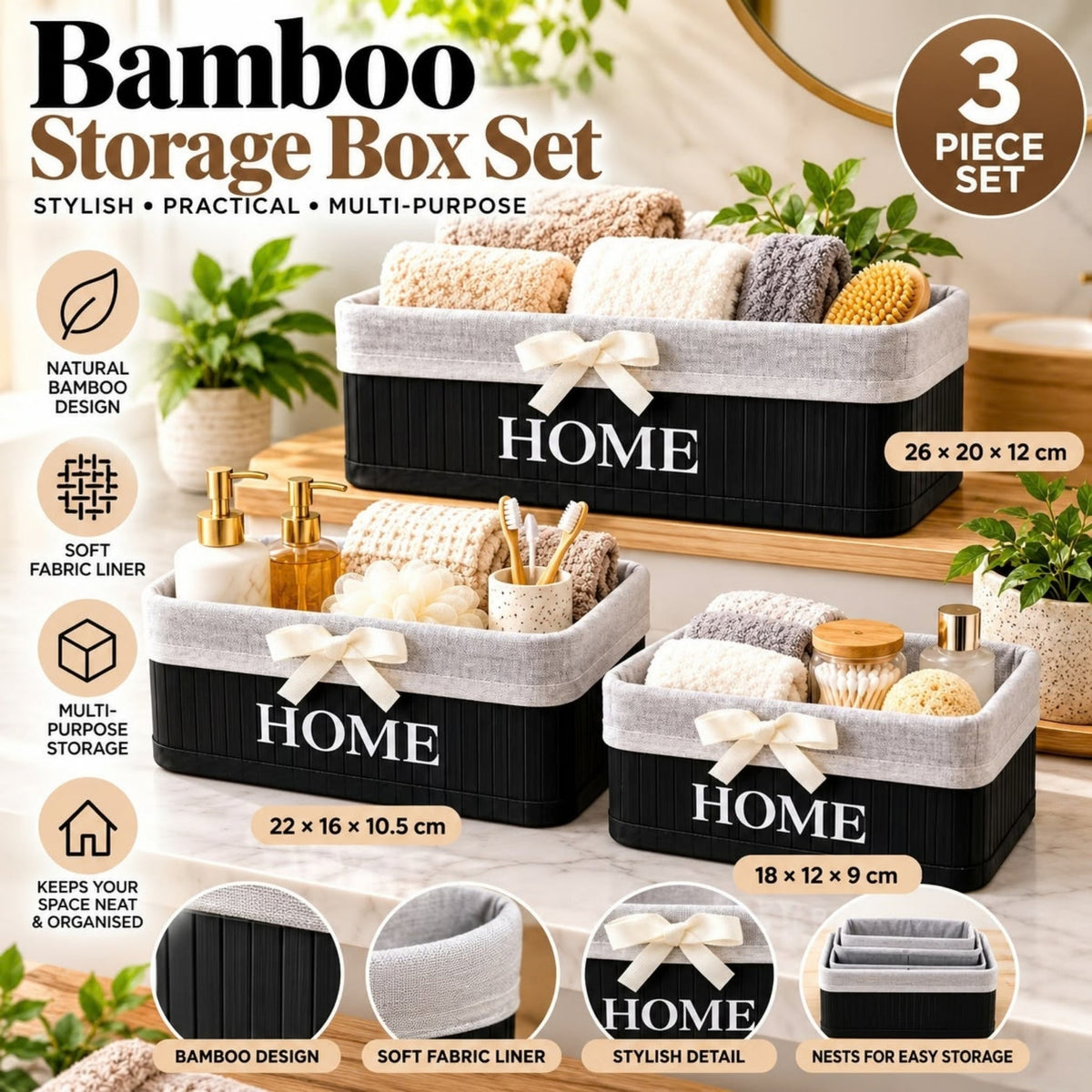 3 Piece Home Bamboo Storage Baskets – Multi-Size Home Storage Organizers