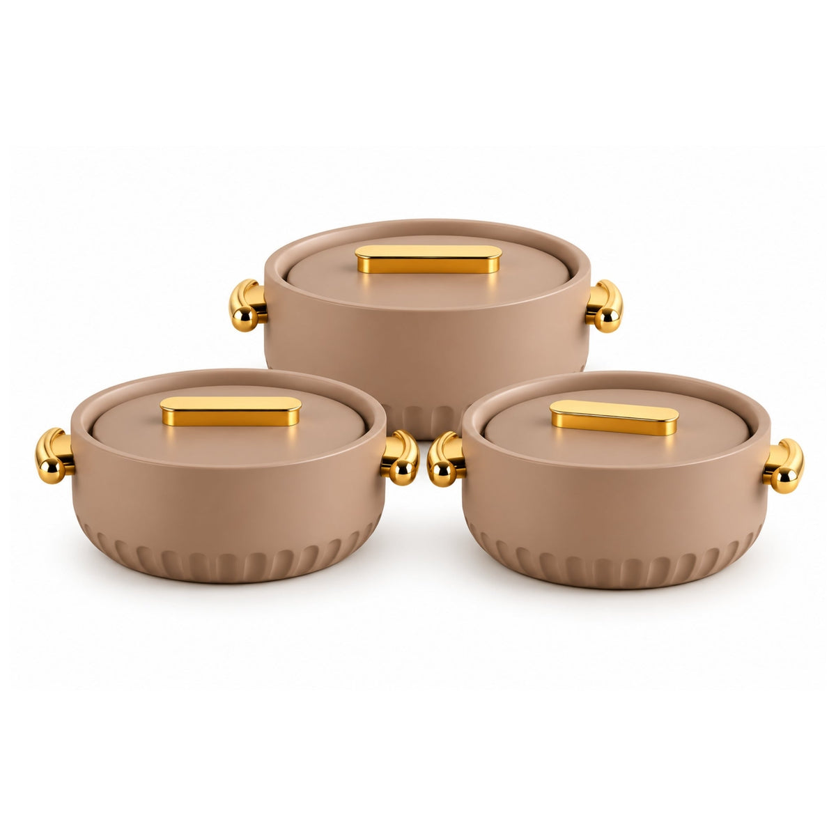 3 Piece Hot Pot Set – Insulated Food Warmers with Gold Handles – Elegant Serving Design
