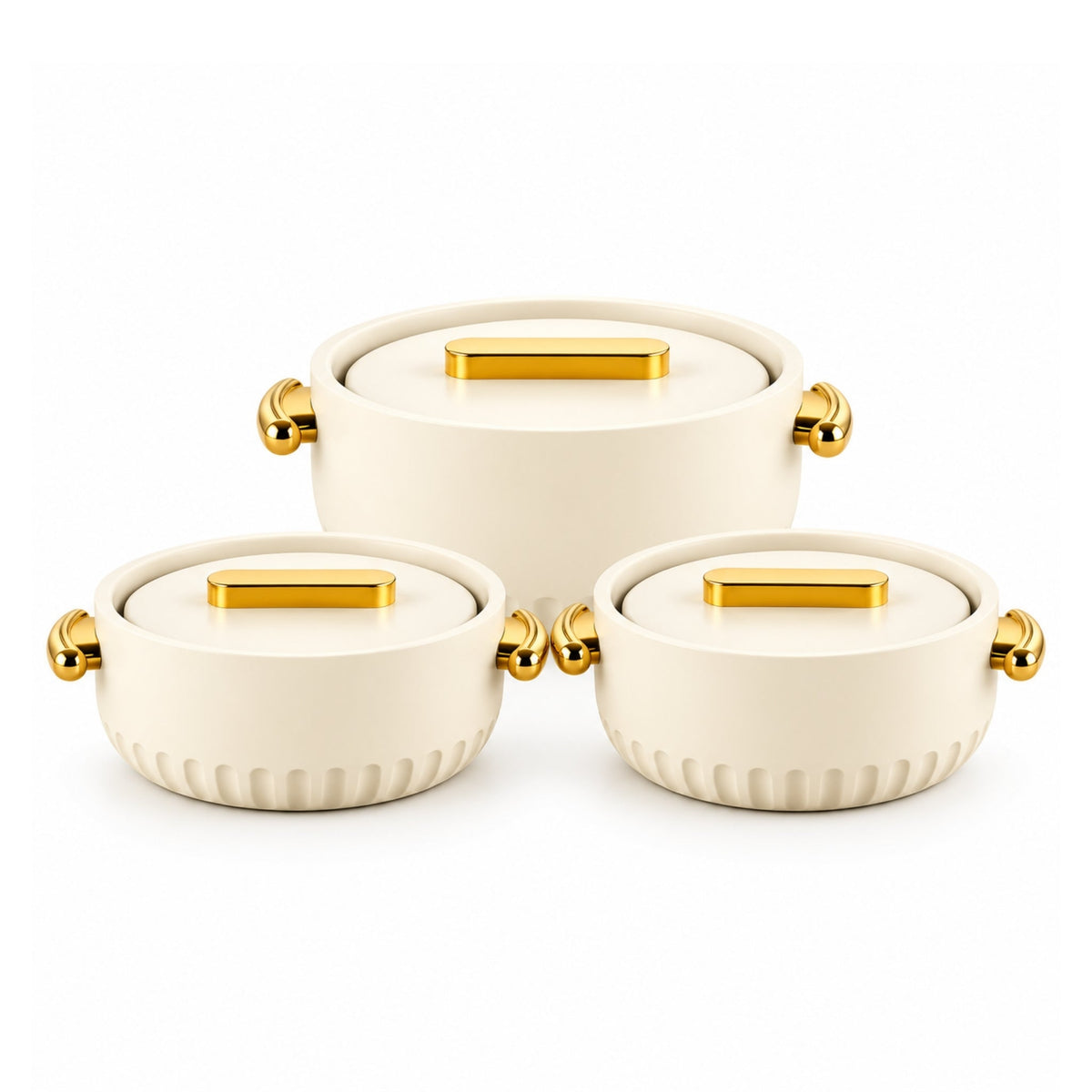 3 Piece Hot Pot Set – Insulated Food Warmers with Gold Handles – Elegant Serving Design