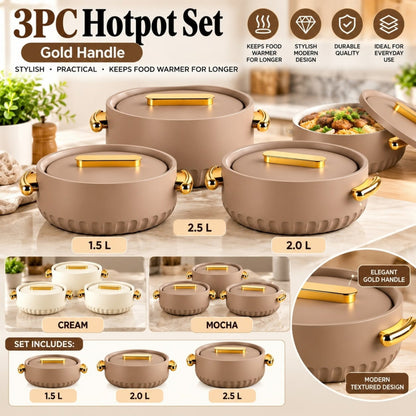 3 Piece Hot Pot Set – Insulated Food Warmers with Gold Handles – Elegant Serving Design