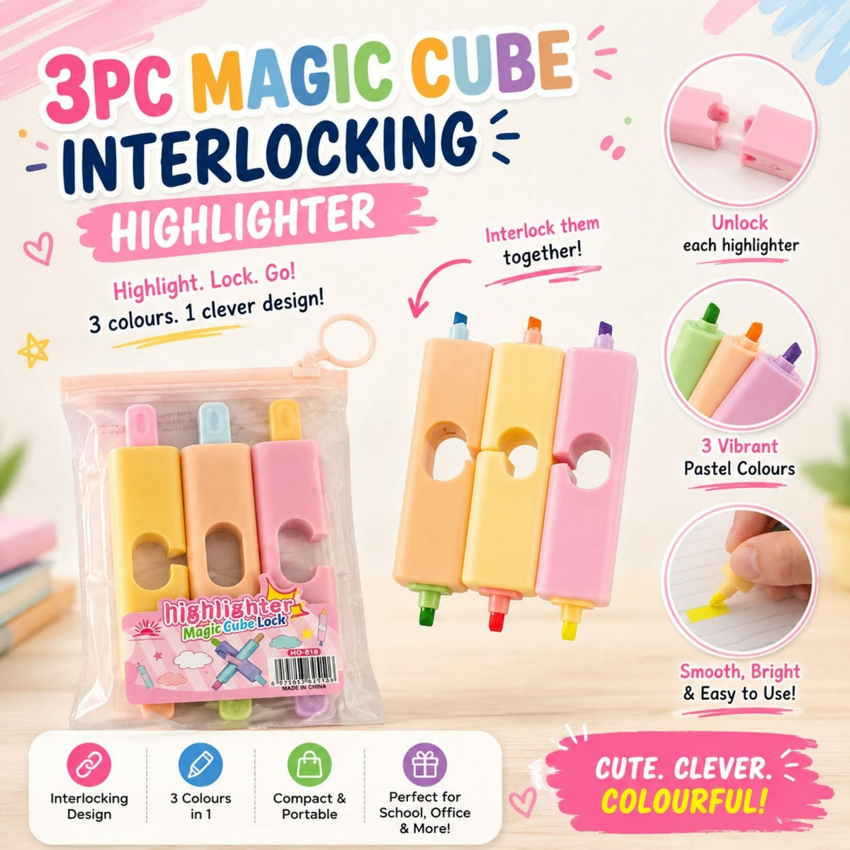 3 Piece Magic Interlocking Highlighter – Stackable Colour Marker Set with Interlocking Design – Assorted Colours