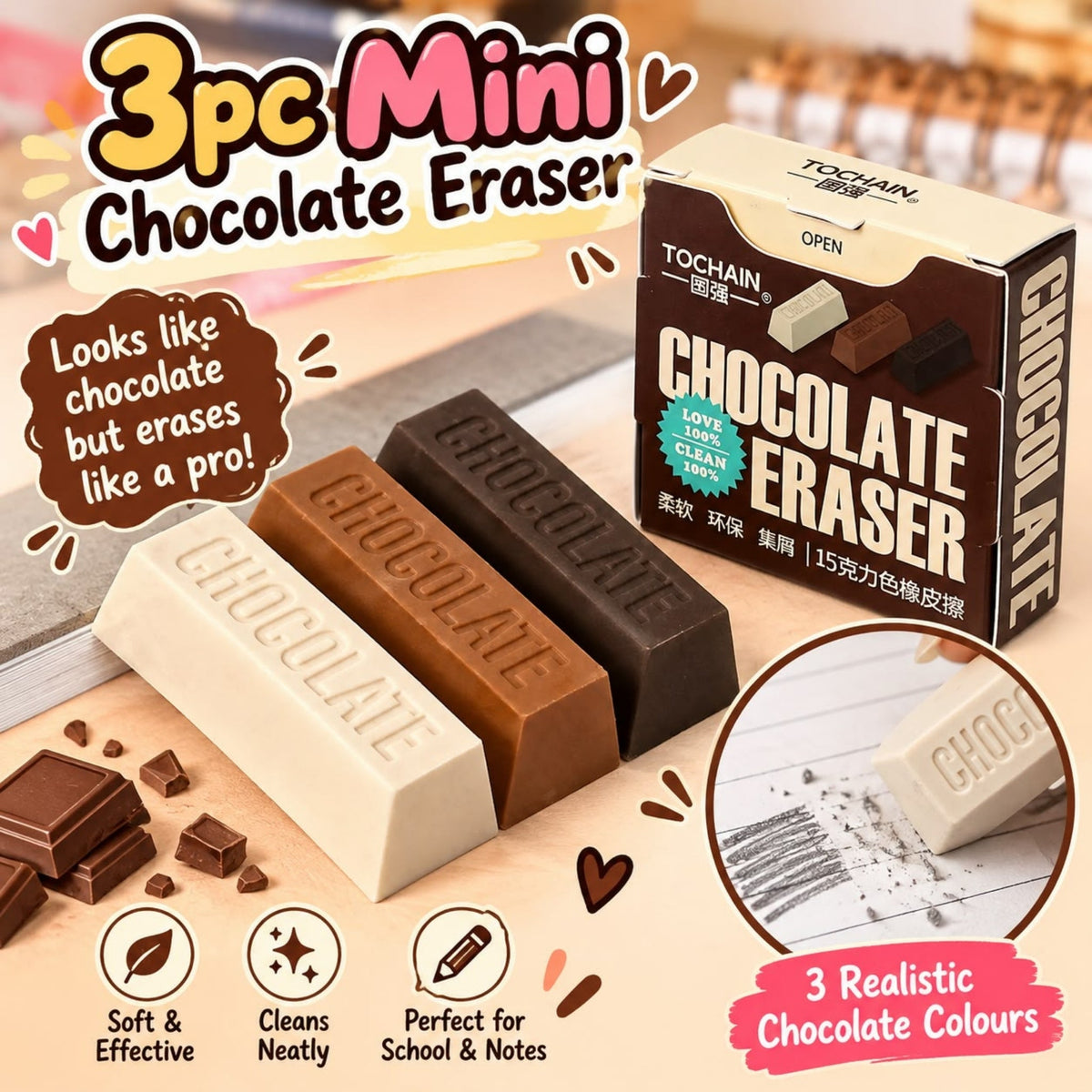 3 Piece Mini Chocolate Eraser Set – Cute Novelty Stationery Erasers – Chocolate Bar Design