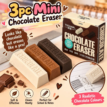 3 Piece Mini Chocolate Eraser Set – Cute Novelty Stationery Erasers – Chocolate Bar Design