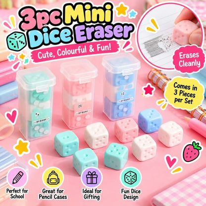 3 Piece Mini Dice Eraser Set – Cute Novelty Stationery Erasers – Dice Design