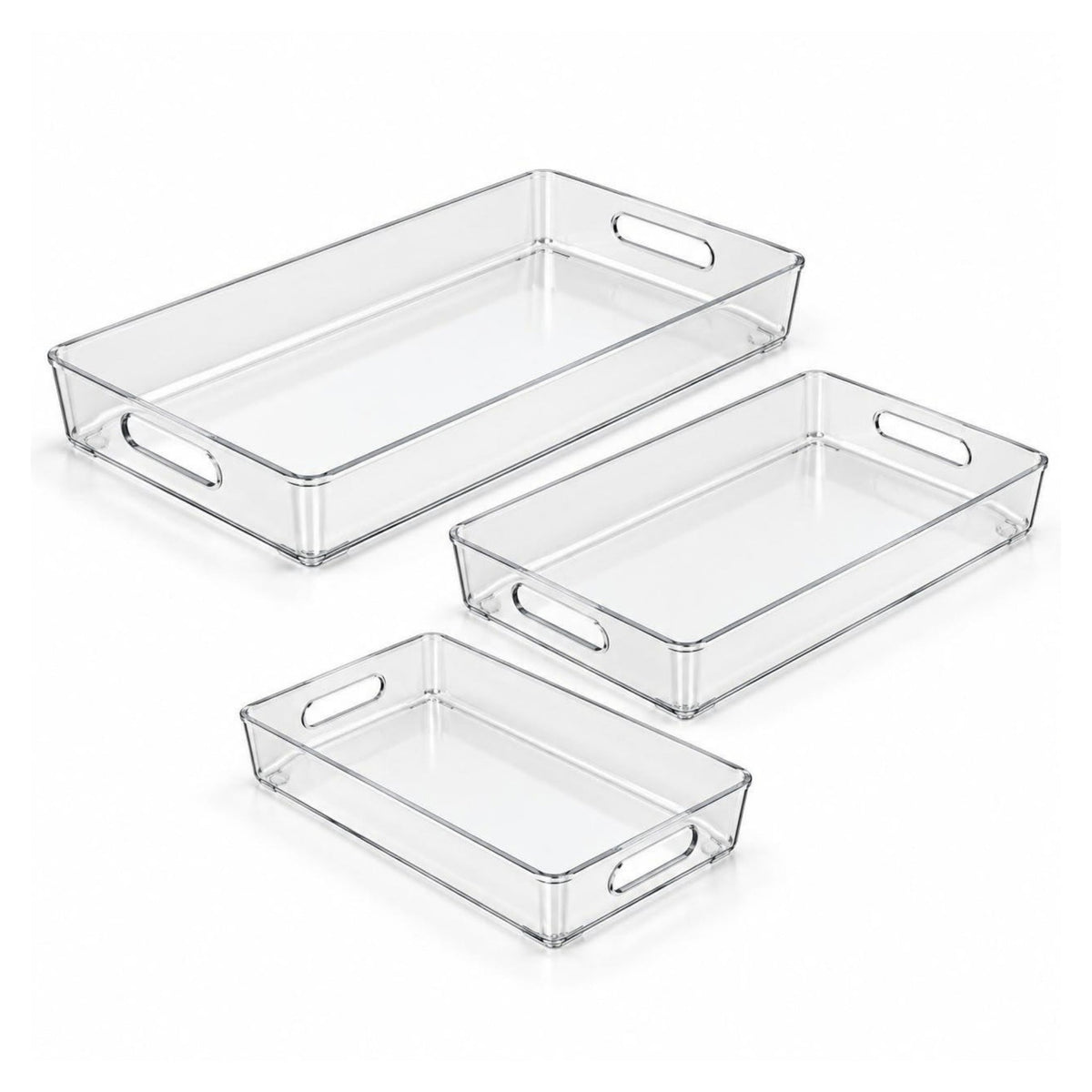 3 Piece PET Plastic Tray Set – Multi-Size Serving & Storage Trays – Clear